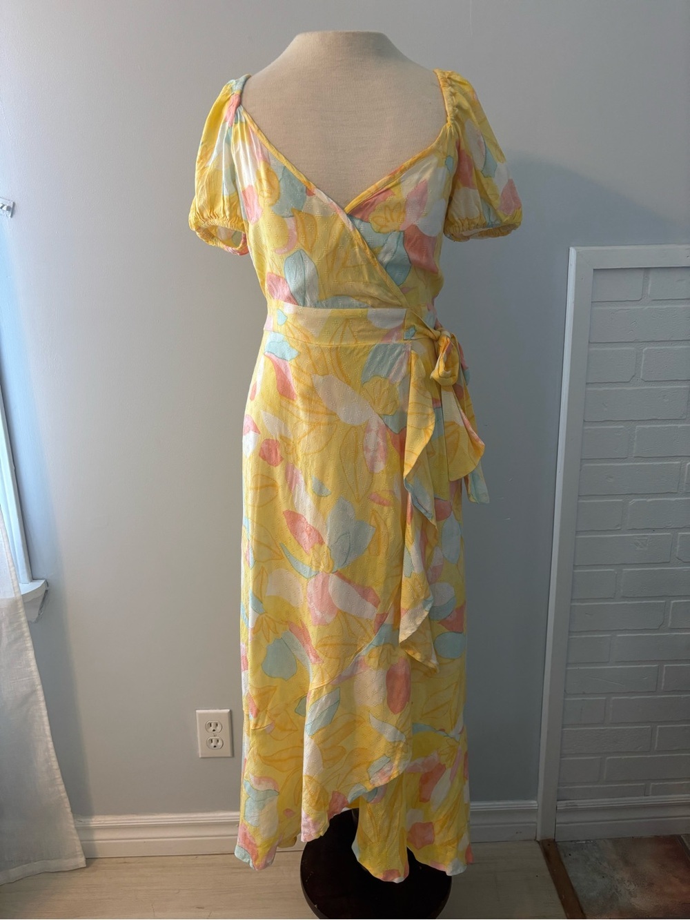 Yellow Floral Wrap style Maxi Dress with Tie Waist “band of the free”